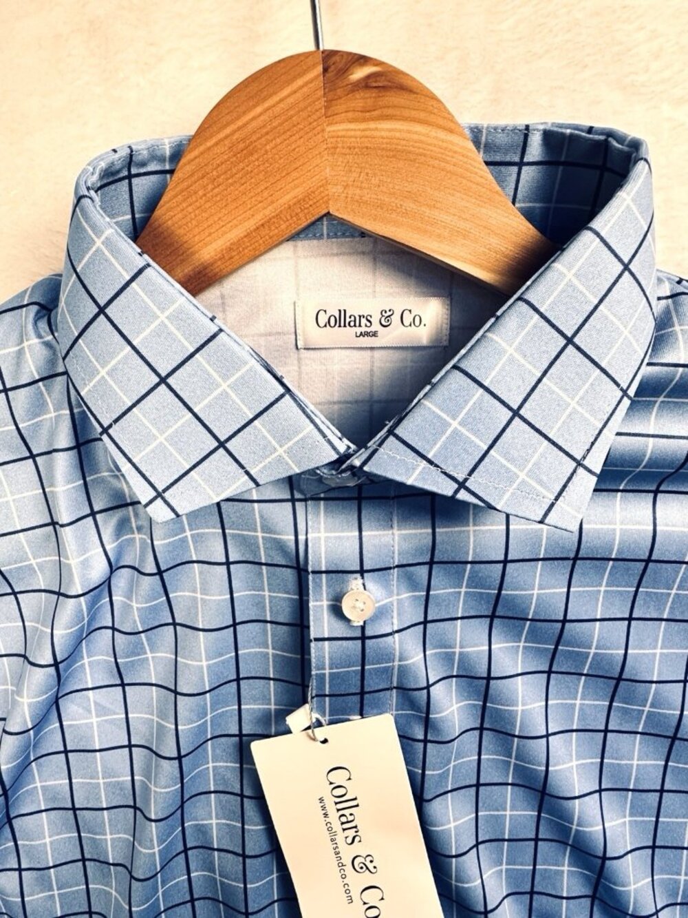 Collars & Co. Semi-Spread Collar Polo Shirt Blue Windowpane Sz Large Golf NWT - Picture 6 of 14